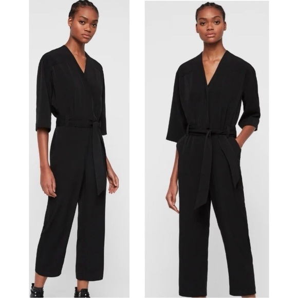 ALL SAINTS HAYLEY CROPPED BUTTON DOWN 3/4” SHORT SLEEVE JUMPSUIT BLACK Size 4 - Picture 2 of 8
